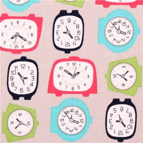 grey Riley Blake clock alarm clock retro fabric Fabric