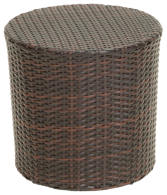 Overton Outdoor Wicker Barrel Side Table, Brown contemporaryoutdoor