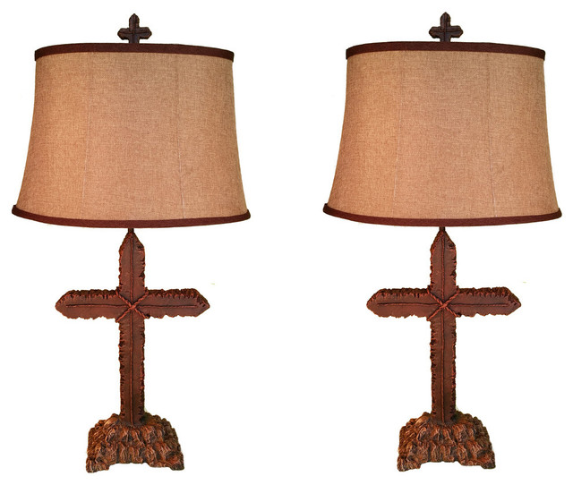 Rugged Cross Walnut Lamp With Chocolate Trim Shade, Set Of 2 Lamp