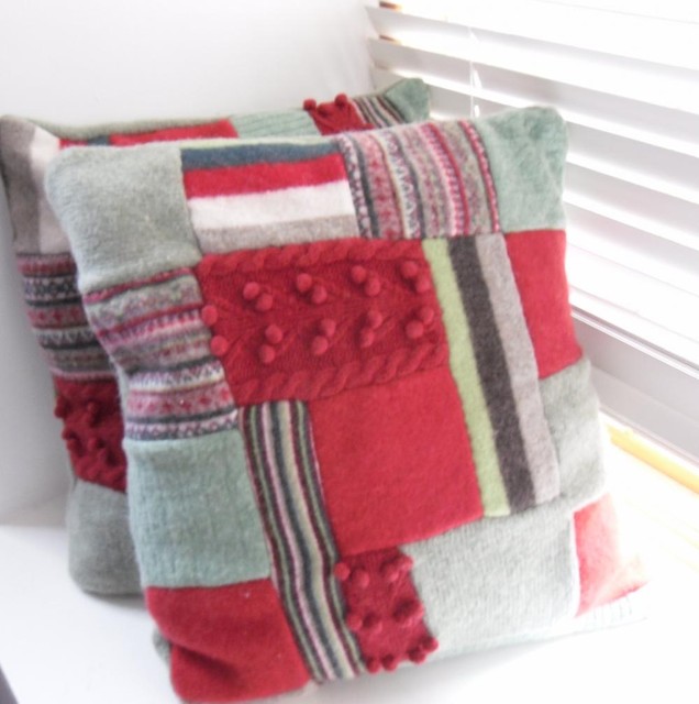 Recycled Cushion Throw pillow patchwork Green / Red hand sewn felted