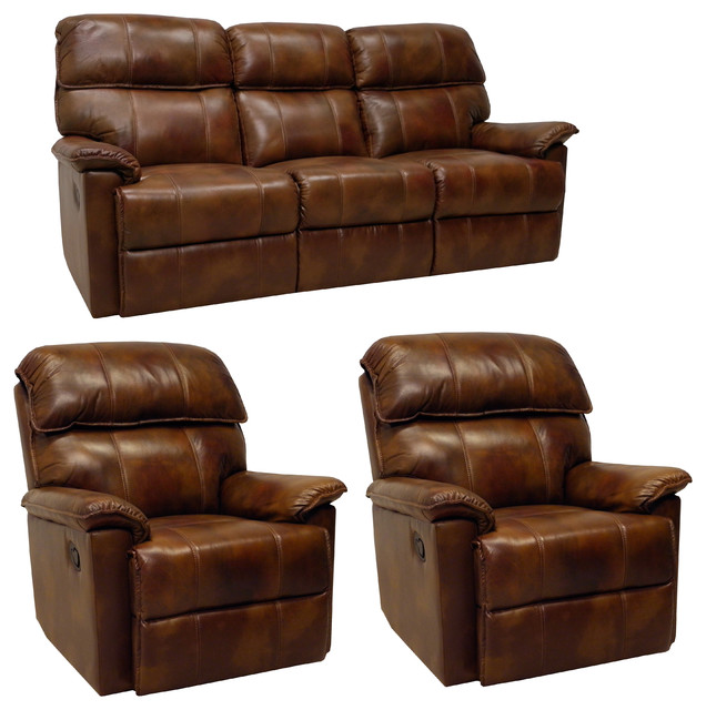 Palma Caramel Brown Italian Leather Reclining Sofa and Two Recliners