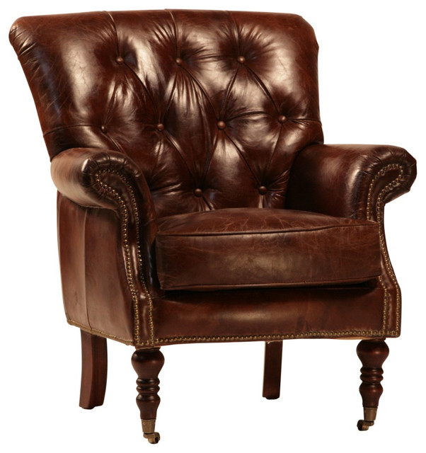 Tufted Leather Club Chair with Nail Heads and Casters - Traditional