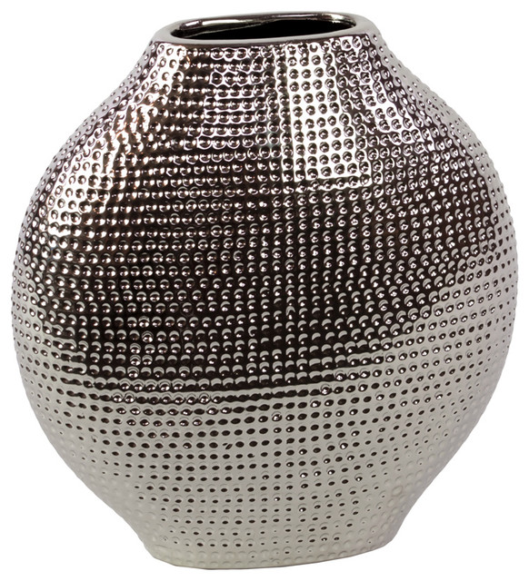 Hammered Metal Look Flat Ceramic Vase, Chrome Silver Contemporary Vases