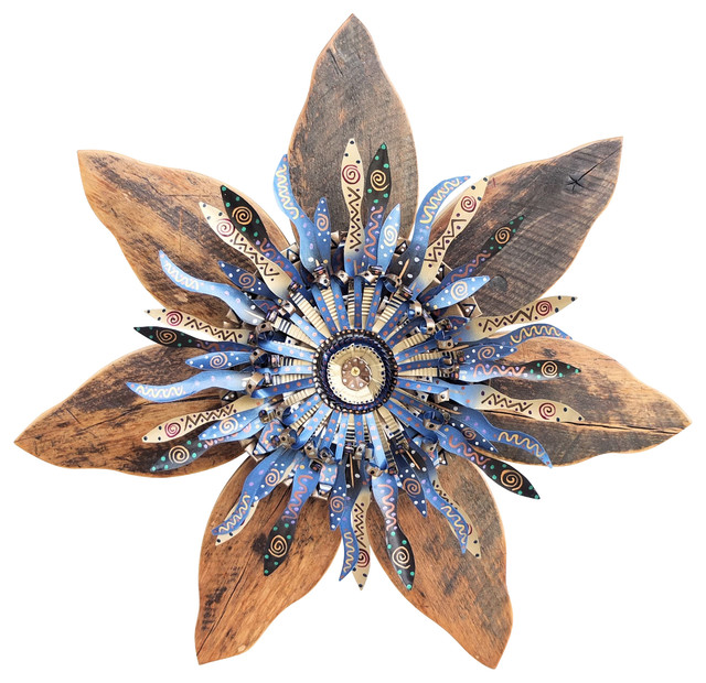 Rustic Wood & Metal Wall Art Wreath Indigo Blue & Copper Rustic