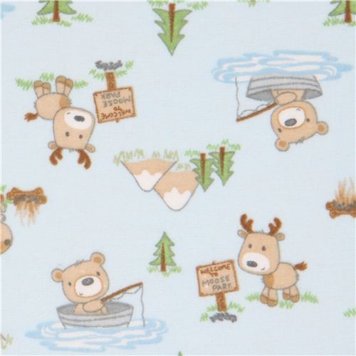 blue camping forest animal moose bear flannel fabric USA Fabric