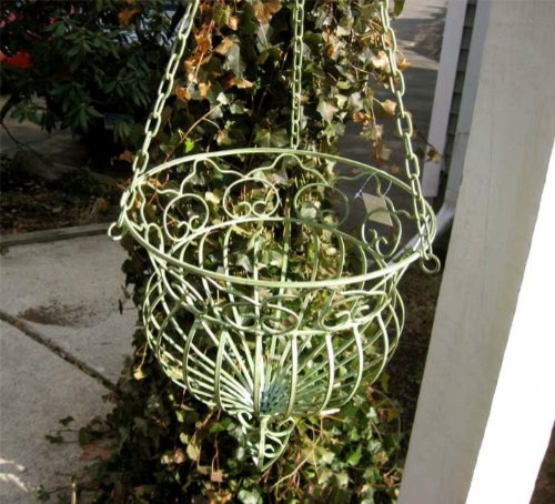 Hanging Planter Basket, Wrought Iron, Antique Green - Traditional