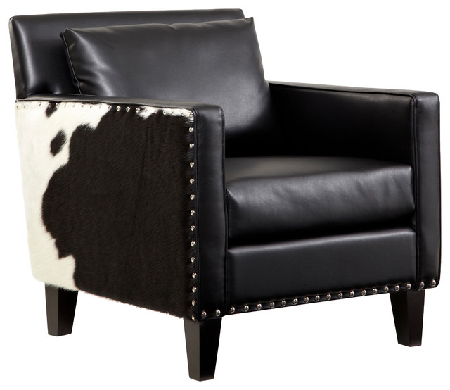 Dallas Chair In Black Leather and Real Cowhide Side Panels Southwestern Armchairs And Accent