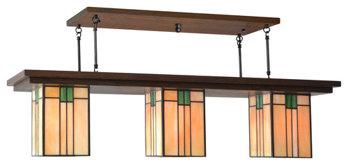 This Craftsman Chandelier by Jamul Lighting Mission Studio  is typical of the style, with simple geometry and detailed artisan glass.