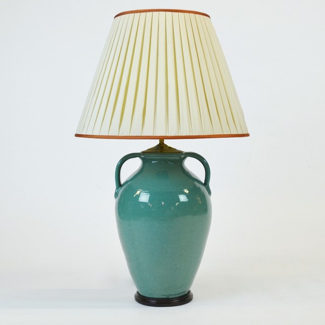 Two Handle "Jug Style" Turquoise Lamp with Pleated Shade Transitional Table Lamps other