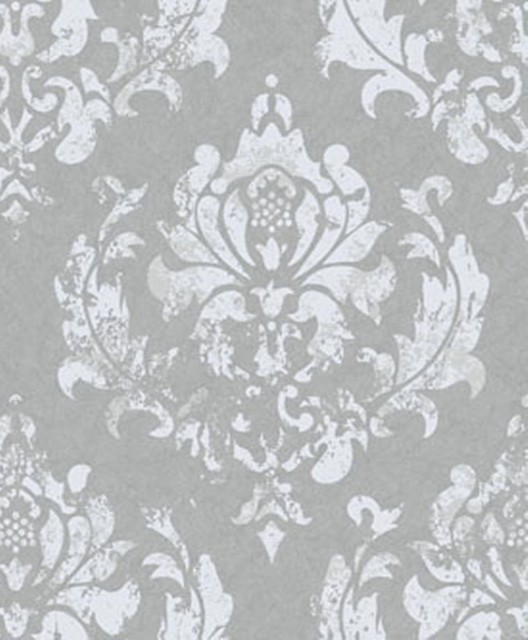 Forbes Antique Damask Wallpaper, Dark Grey, Offwhite Traditional