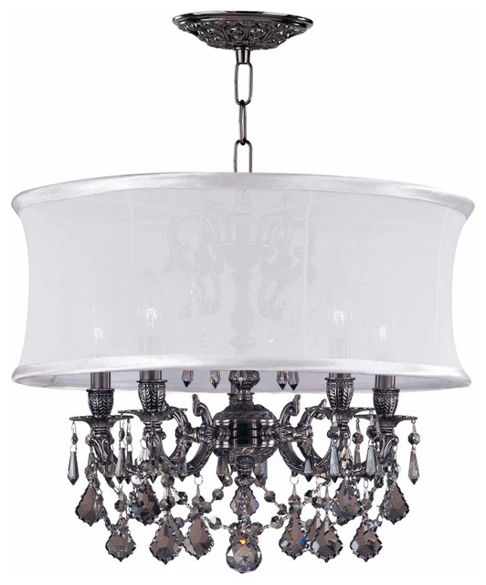 Transitional Pewter Crystal Chandelier with White Silk Drum Shade