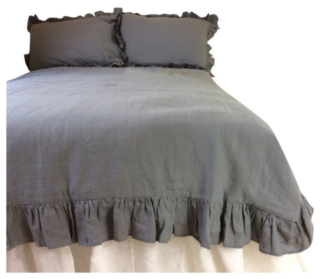 Ruffle Grey Linen Duvet Cover, Twin/Twin Extra Large Traditional