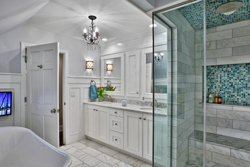 Saratoga Springs-based Teakwood Builders bathroom lighting design idea book: A Teakwood Builders master bath with a room-defining pendant and sconces. Teakwood Builders, kitchen and bath remodeler, custom home builder and general contractor Saratoga Springs and Capital Region.