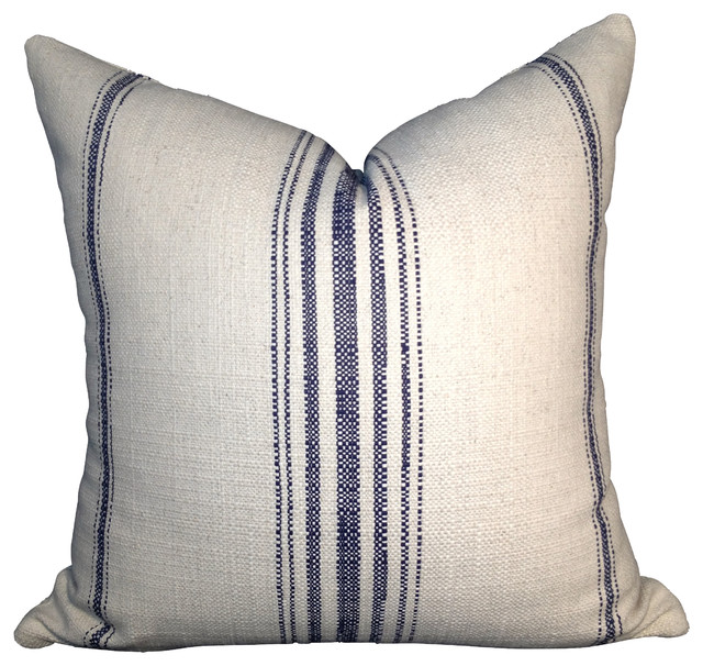 Primitive Navy Blue Stripe Cotton Pillow Cover in Off White