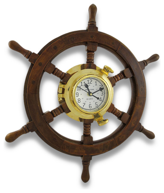 Nautical Oak Ships Wheel Brass Porthole Wall Clock 18 in. Beach Style