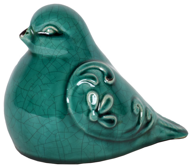 Ceramic Bird Figurine, Teal Traditional Decorative Objects And