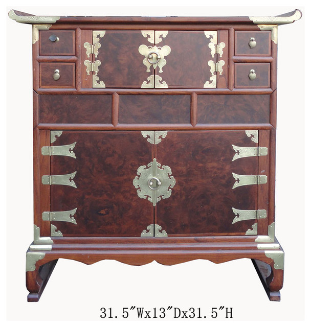 Korean Multiple Drawers Burl Wood Inlay End Table Asian