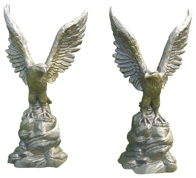44"H Wings Up Concrete Eagle Statues, Pair in Two Tone Brassy Bronze Finish Garden Statues And