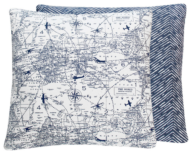 World Map with Vintage Airplanes Throw Pillow, Blue, 18x18 Traditional Decorative Pillows