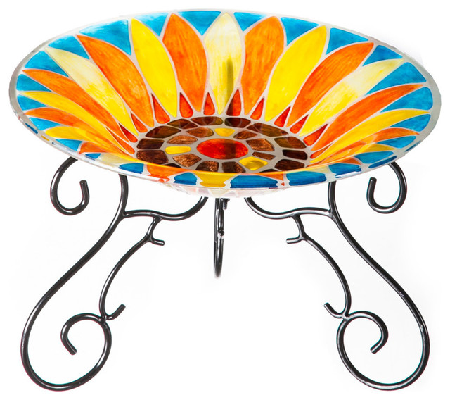 Yellow Sunflower Painted Mosaic Glass Tabletop Bird Bath with Stand