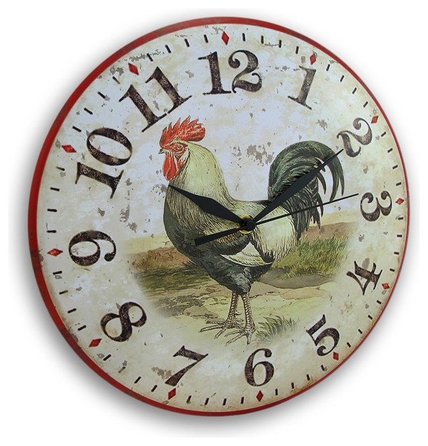 Rustic Finish Country Rooster Round Metal Wall Clock Farmhouse Wall