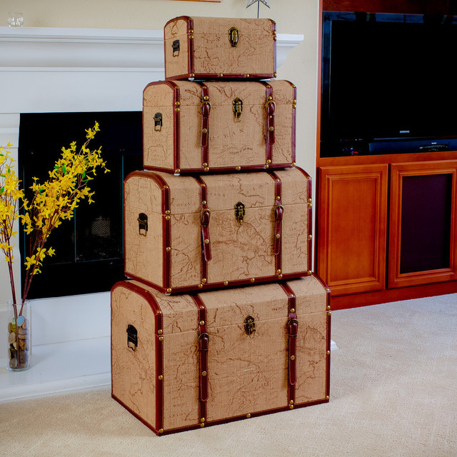 Set of 4 Stacking Old World Map Decorative Storage Trunks Modern