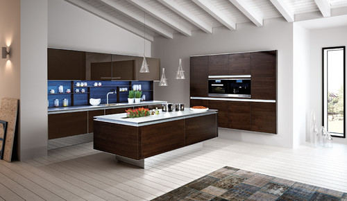 3-layered walnut and lacquered glass modern handleless kitchen by Zeyko