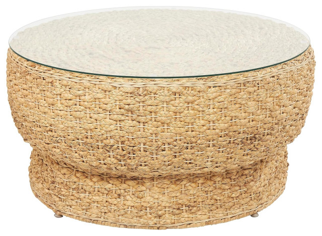 Bohemian Coffee Table Woven Water Hyacinth Base With Round Clear Round