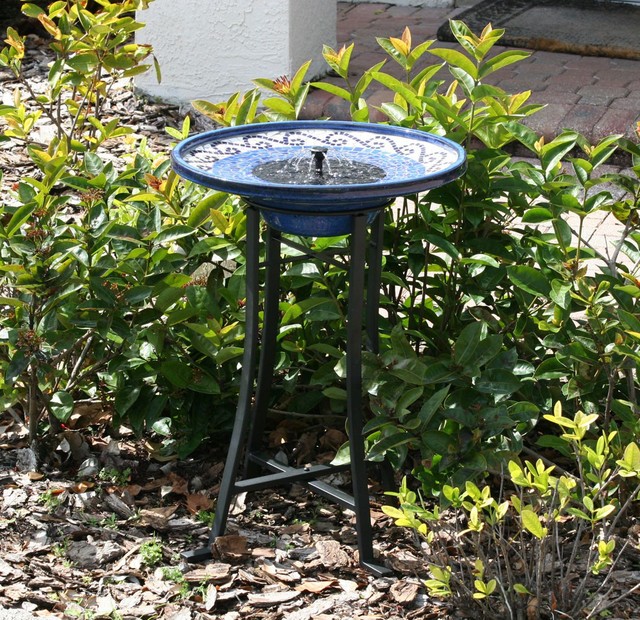 Mosaic Ceramic Solar Birdbath with Metal Stand Contemporary Bird Baths