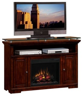 Dark Cherry Finish Wood And Glass Top Tv Stand Entertainment Center
