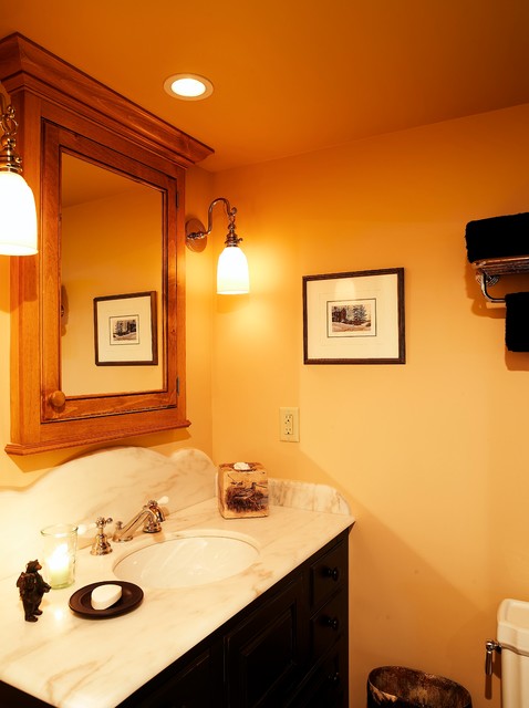Vermont Rustic Bath with Black and White Marble Vanity rusticbathroom