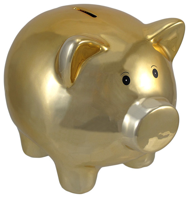 Metallic Gold Plated Ceramic Piggy Bank 8 In. Contemporary Piggy