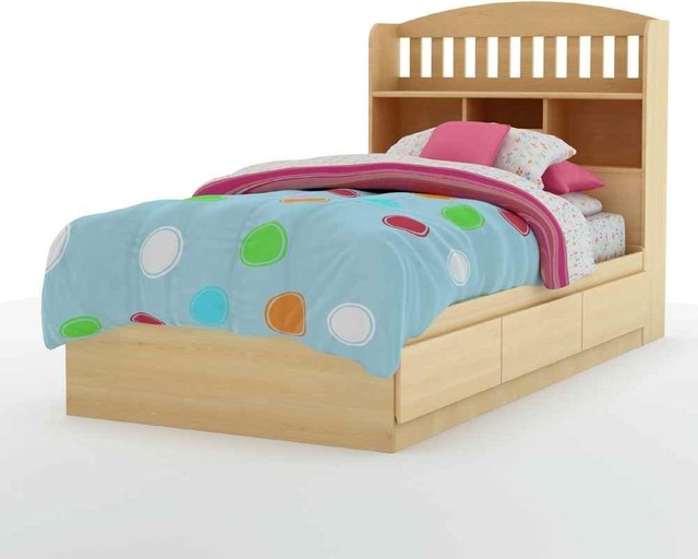 Twin Mates Bed w Bookcase Headboard in Natural Maple Finish