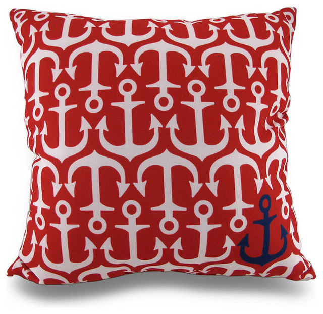 Indoor/Outdoor Red/White Anchor Throw Pillow with Navy Blue Anchor