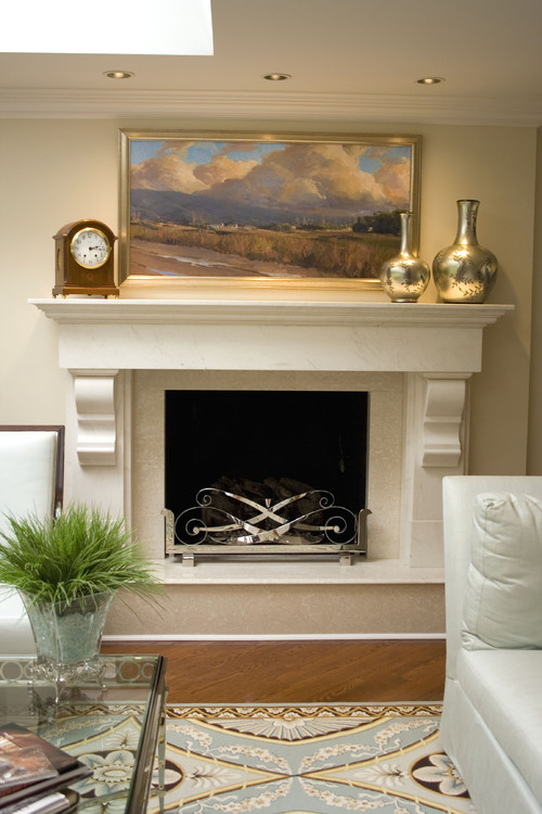 Transitional living room design with contemporary fireplace mantel. Custom made fireplace screen.