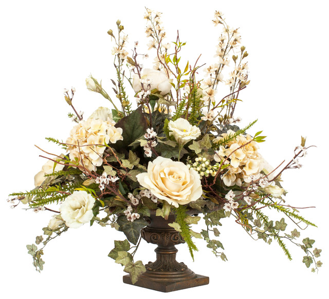 Silk Floral Arrangement in Bronze Urn Traditional Artificial