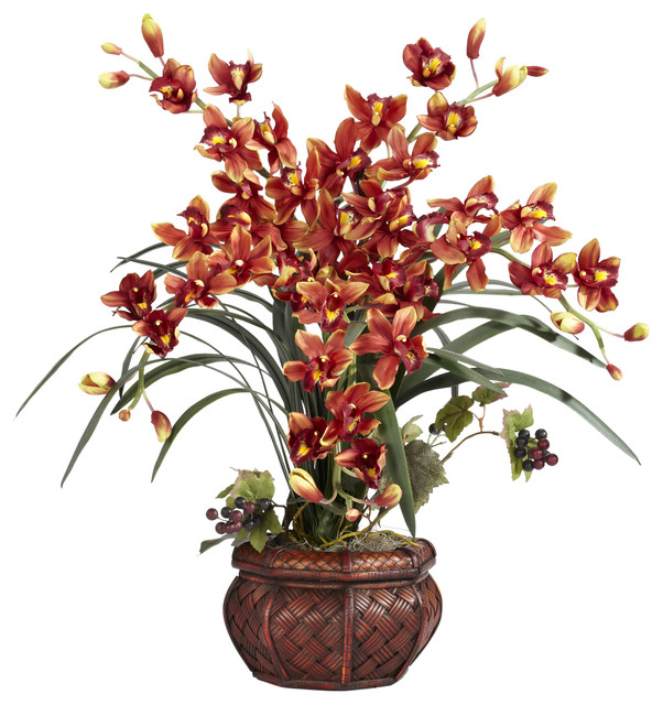 Cymbidium With Decorative Vase Silk Arrangement - Asian - Artificial