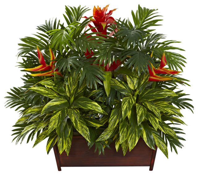 Tropical Garden With Wood Planter, Green Tropical Artificial Plants And Trees by Nearly