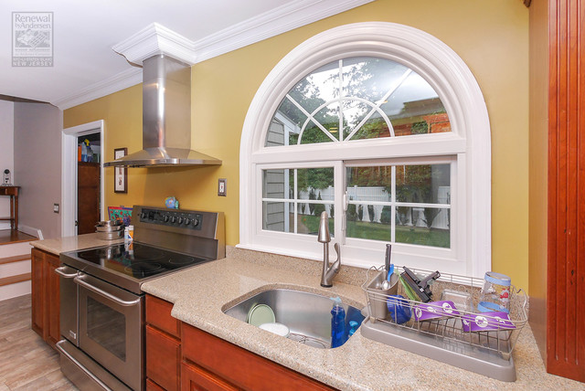 Colorful Contemporary Kitchen With New Sliding Window And Circle Top