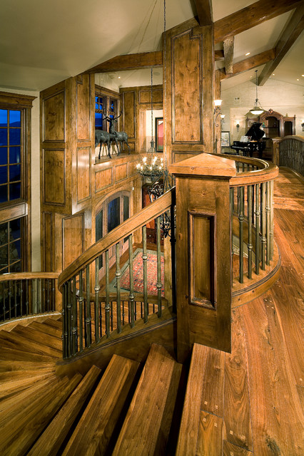 Rustic Mountain Luxury Curved Staircase Traditional Staircase