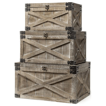 Set of Three Brown Wooden Storage Boxes