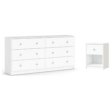 2 Piece Modern Wood Dresser and Nightstand Bedroom Set in White