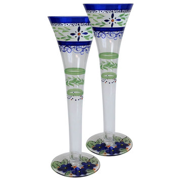 Blue Floral Hollow Flute Glasses, Set of 2