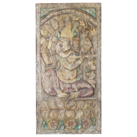 Consigned Vintage Fluting Ganesha Wall Decor Colorful Carved Wood Zen Wall Art