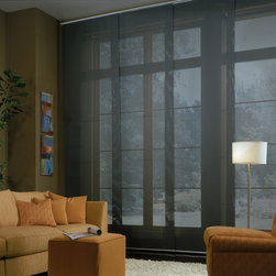 Panel Track Blinds | Rustic Living Room | Blue & Orange | Large Window Blinds - Vertical Blinds