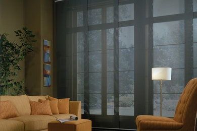 Panel Track Blinds | Rustic Living Room | Blue & Orange | Large Window Blinds