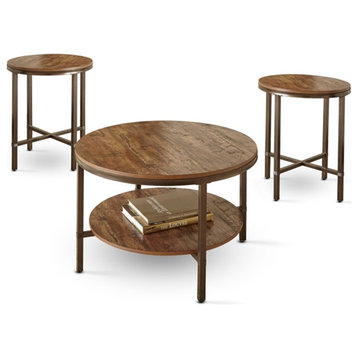 Bowery Hill Transitional 3-Piece Round Wood and Metal Coffee Table Set in Brown