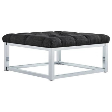 Unique Coffee Table/Ottoman, Chrome Base, Button Tufted Fabric Seat, Light Gray, Dark Gray