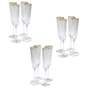 Elegant Hammered Art Glass Champagne Flute Set of 12 Gold Rim Modern