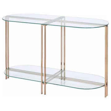 Contemporary Console Table, Crossed Golden Frame With Oval Glass Top & Shelf